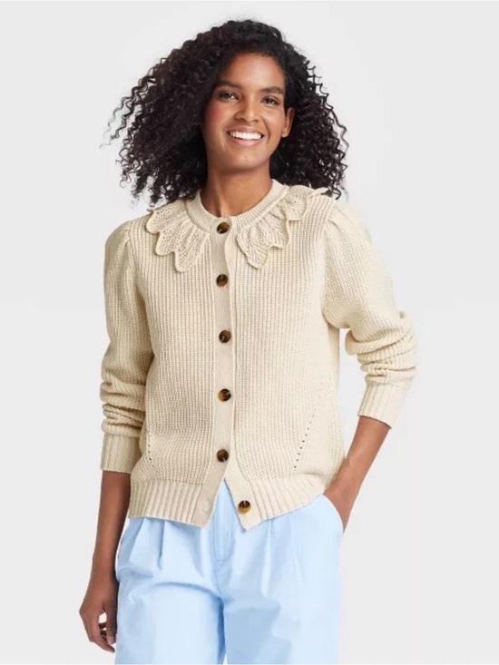 Sweaters - Who What Wear Cream Crochet Collar Cardigan Medium Cottagecore Grandpa Chic